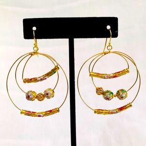 NWOT Cloisonné Earrings Gold Hoop Pink Bead Enamel Floral 10K Shauna Neely